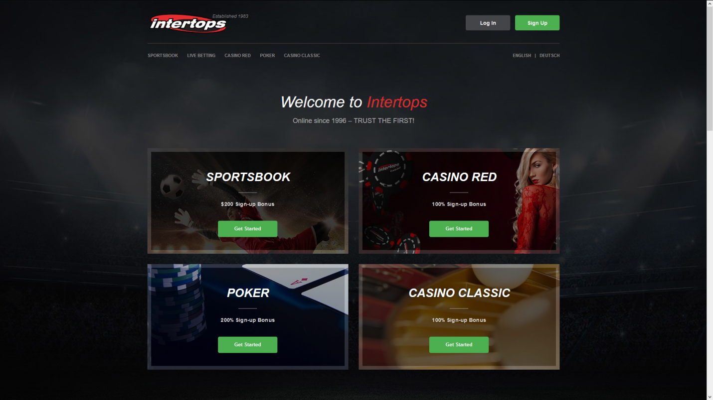 Intertops Bitcoin gambling site homepage