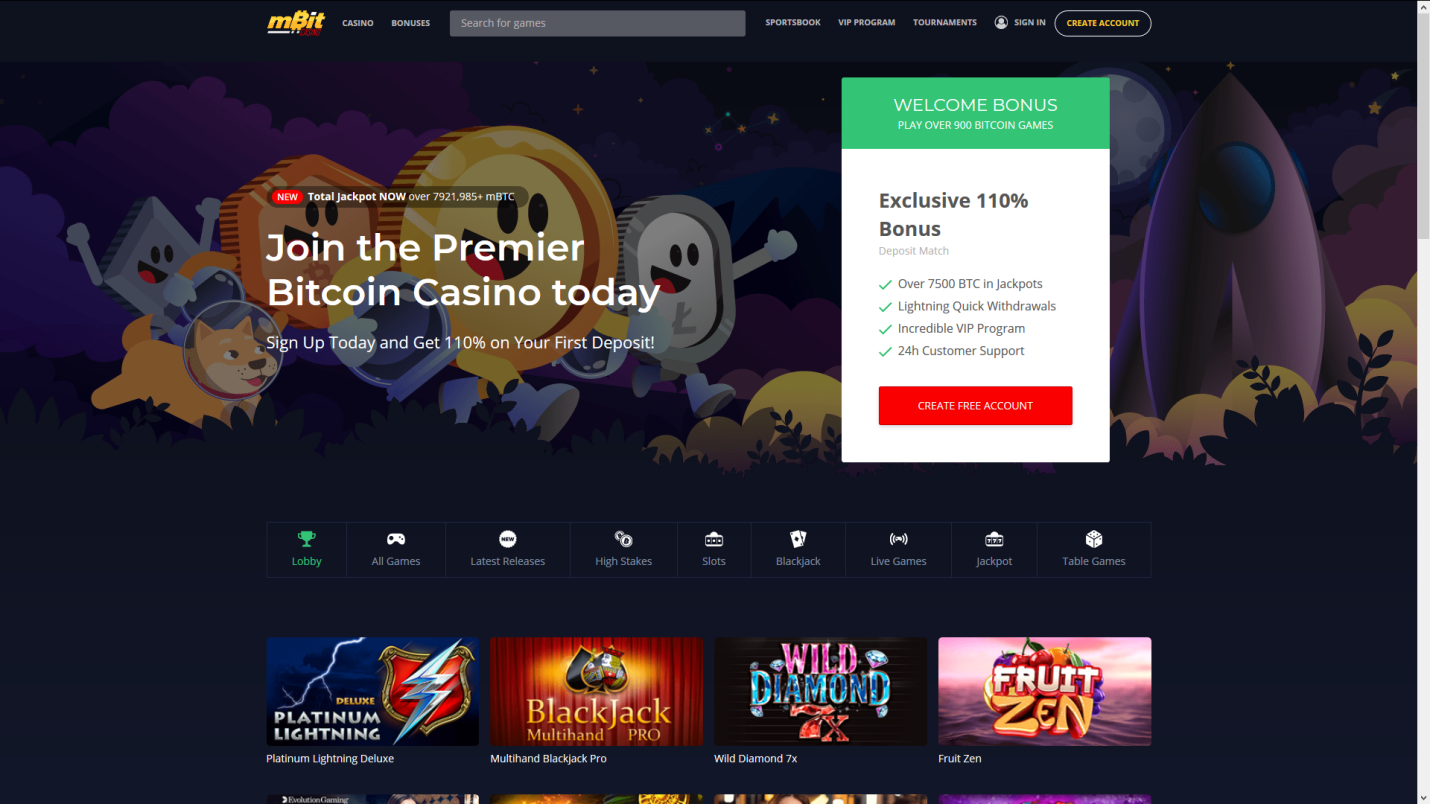 Homepage of Bitcoin casino mBit Casino