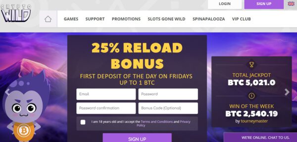 CryptoWild Bitcoin Casino homepage